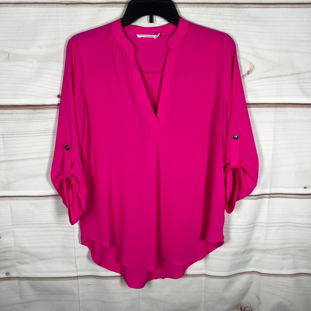LUSH Top Womens Small Pink Solid Roll Tab Sleeve V-Neck Blouse Flowy Pullover‎